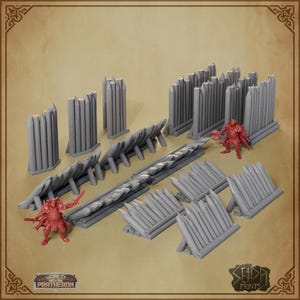 May include: A collection of gray miniature terrain pieces for tabletop gaming. Includes various wall and barricade designs, along with two red warrior figurines. The pieces are designed to create a fantasy battle scene.