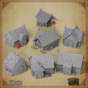 May include: A collection of gray miniature Viking-style houses with detailed wooden shingle roofs. Some houses have doors, windows, and small figures. The image includes the text "TXARLI FACTORY" and "ZEB PRINTS".