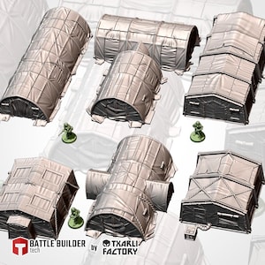 May include: A selection of miniature, grey, military-style buildings and structures, including tents and buildings with windows and doors. The structures are arranged on a white background. The text "BATTLE BUILDER tech" and "by TXARLI FACTORY" are visible.