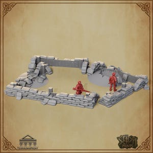 Peut inclure: Un ensemble de terrain de jeu de guerre miniature gris comprenant une fortification défensive faite de sacs de sable empilés et de murs en métal ondulé, avec deux figurines rouges positionnées à l'intérieur et un cratère au sol.