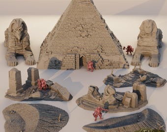 Egypt Terrain • 3D Printed Egyptian Pyramid, Sphinx & Ruins • Desert Scatter • Wargaming Scenery for Tabletop Wargames, TTRPG
