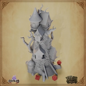 May include: A grey fantasy treehouse model featuring multiple small houses and a winding staircase. Several red dice are scattered around the base. The treehouse is a detailed model, ideal for tabletop gaming.