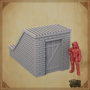 May include: A gray miniature brick cellar entrance with a wooden door and a sloped roof, accompanied by a small red standing figure. The structure features a rectangular frame and a diagonal brace on the door. The logo Seldar Prints is visible.