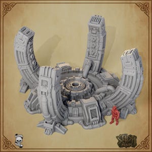 May include: A light gray, circular sci-fi structure featuring four tall, curved pillars surrounding a central mechanical core with intricate piping and panel details. A small, red, standing figure is positioned next to the base for scale.