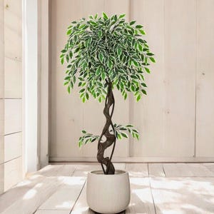 Artificial Ficus Tree 4-6 FT Faux Indoor Outdoor Plant in White Pot, Realistic Greenery for Living Room, Patio, Office Decor