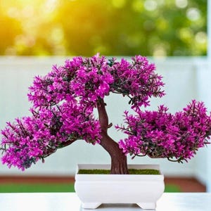 Può includere: Un albero bonsai in miniatura con vivaci fiori viola e un tronco marrone. L'albero è piantato in un vaso rettangolare bianco con una base verde simile al muschio. Lo sfondo è sfocato, con un bagliore di luce solare.