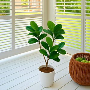 以下が含まれることがあります： 白い鉢に入った、鮮やかな緑の葉と茶色の茎を持つ小さな鉢植え。緑色の果物が入った編みかごが植物の隣にあります。白いブラインドと明るい窓を背景にしたシーンです。