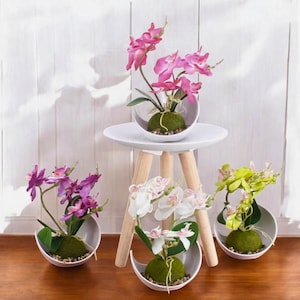 Puede incluir: Arreglos de orquídeas artificiales en cuencos de cerámica blancos en forma de media luna. Las orquídeas son en tonos de rosa, morado, blanco y verde, con una base cubierta de musgo. Un arreglo está sobre una mesita auxiliar blanca con patas de madera.