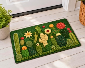サボテンの花の刺繍入りドアマット、砂漠の花柄ウェルカムマット、玄関マット、エントランスマット、新築祝いのギフト