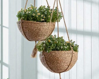 Natural Seagrass Hanging Planter Basket | Boho Woven Plant Holder, Rustic Decor