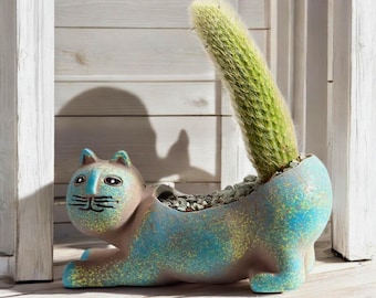 Mini Ceramic Cat Succulent Planter – Stretching Cat Pose, Small Plant Pot, Animal Home Decor