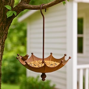 Umbrella Hanging Bird Feeder | Rustic Metal Bird Bath Tray for Garden, Porch and Patio Decor