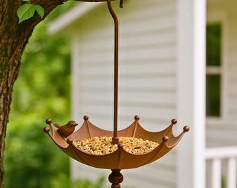 Rustic Umbrella Bird Feeder: Bronze Metal Bird Bath Tray