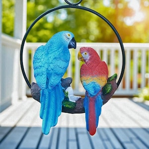 Resin Parrot Statue: Hanging Mother & Baby Sculpture - Tropical Decor