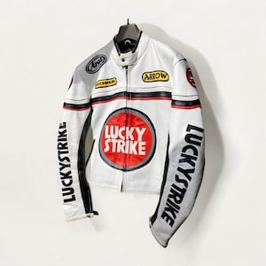 Blouson en cuir Lucky Strike Racing |Blouson de motard MotoGP blanc | manteau de course de moto vintage | Veste de moto en cuir de vachette faite main pour homme