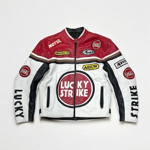 Blouson en cuir de course Lucky Strike | Veste de motard MotoGP rouge/blanche | manteau de course de moto vintage | Veste de moto en cuir de vachette faite main pour homme