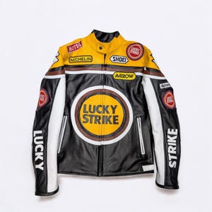 Blouson en cuir de course Lucky Strike | Veste motard jaune MotoGP | manteau de course de moto vintage | Veste de moto en cuir de vachette faite main pour homme