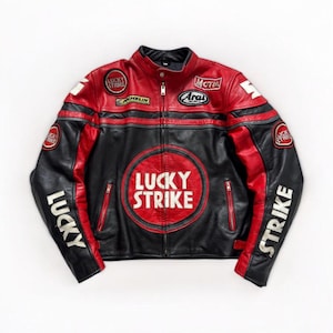 Blouson en cuir de course Lucky Strike | Blouson de motard MotoGP rouge/noir | manteau de course de moto vintage | Veste de moto en cuir de vachette faite main pour homme