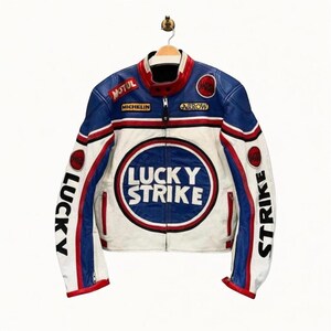 Blouson en cuir de course Lucky Strike | Blouson de motard MotoGP bleu/blanc | manteau de course de moto vintage | Veste de moto en cuir de vachette faite main pour homme