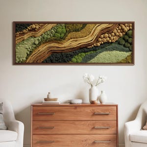 Utskrivbar mossa-väggkonst för nedladdning, naturinspirerad panoramaväggdekor, jordnära abstrakt landskap PNG, neutralt grönt digitalt tryck