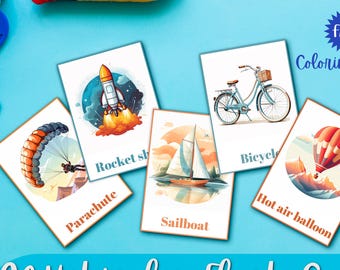 20 Printable Vehicles Illustration Flashcards + FREE Coloring eBook | Educational Transport Cards for Kids – Montessori – Instant Download