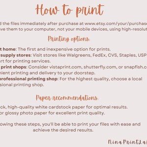 K&ouml;nnte beinhalten: Ein beigefarbener Leitfaden mit dem Titel &bdquo;How to print&ldquo; mit Anweisungen zum Drucken online gekaufter Dateien. Enth&auml;lt Druckoptionen wie Heimdruck, B&uuml;robedarfsgesch&auml;fte, Online-Druckereien und lokale professionelle Druckereien. Papiereempfehlungen sind ebenfalls enthalten.