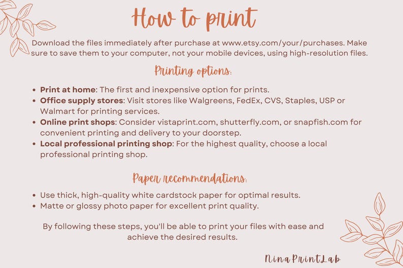 K&ouml;nnte beinhalten: Ein beigefarbener Leitfaden mit dem Titel &bdquo;How to print&ldquo; mit Anweisungen zum Drucken online gekaufter Dateien. Enth&auml;lt Druckoptionen wie Heimdruck, B&uuml;robedarfsgesch&auml;fte, Online-Druckereien und lokale professionelle Druckereien. Papiereempfehlungen sind ebenfalls enthalten.