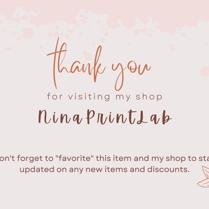 K&ouml;nnte beinhalten: Digitaler Kunstdruck mit weichem rosa Hintergrund und Aquarell-Akzenten. Der Text lautet "thank you for visiting my shop Nina PrintLab". Eine Erinnerung, den Artikel und den Shop zu favorisieren, ist enthalten.