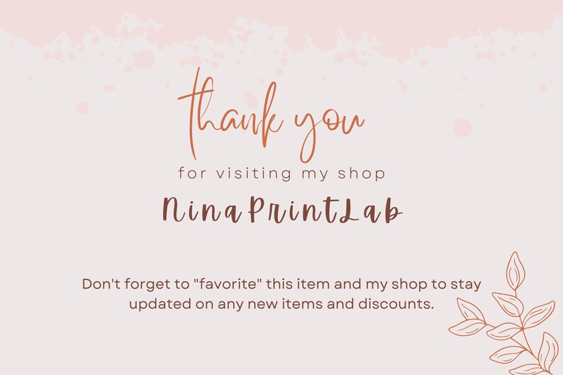 K&ouml;nnte beinhalten: Digitaler Kunstdruck mit weichem rosa Hintergrund und Aquarell-Akzenten. Der Text lautet "thank you for visiting my shop Nina PrintLab". Eine Erinnerung, den Artikel und den Shop zu favorisieren, ist enthalten.