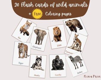 20 Printable Wild Animals Flashcards + FREE Coloring Pages | Educational Animal Cards for Kids – Montessori, Preschool – Instant Download