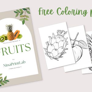 K&ouml;nnte beinhalten: Ein Malbuch mit dem Titel "FRUITS" mit einem Cover mit Ananas, Papaya und Kiwi. Das Buch wird von drei Malvorlagen mit Strichzeichnungen von Fr&uuml;chten begleitet. Der Text auf dem Cover lautet "Free Coloring pages".