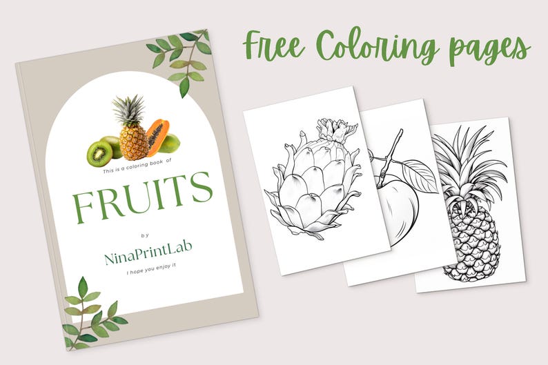 K&ouml;nnte beinhalten: Ein Malbuch mit dem Titel "FRUITS" mit einem Cover mit Ananas, Papaya und Kiwi. Das Buch wird von drei Malvorlagen mit Strichzeichnungen von Fr&uuml;chten begleitet. Der Text auf dem Cover lautet "Free Coloring pages".