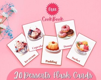 20 Printable Illustration Desserts Flashcards + FREE Cookbook, Montessori, Preschool, Educational Printable Cards, illustration, Download