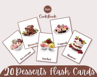 20 Printable Desserts Flashcards + FREE Cookbook | Montessori Educational Cards for Kids, Preschool Learning, Sweet Food – Instant Download