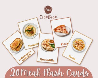 20 Printable Meal Flashcards + FREE Cookbook | Educational Food Cards for Kids – Montessori, Preschool, Toddler Learning – Instant Download