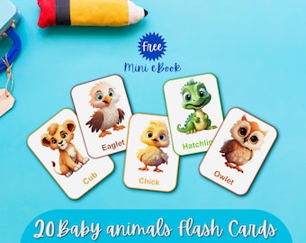 20 druckbare Lernkarten mit Tierbabys, Montessori, Vorschule, Lernkarten, Tierbabys, bezaubernd, SOFORTIGER DOWNLOAD + kostenloses eBook