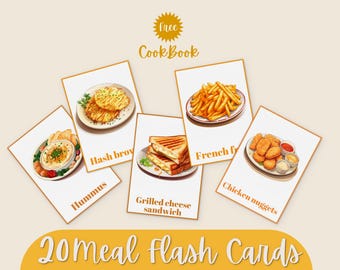 20 Printable Illustration Meals Flashcards + FREE Cookbook | Educational Food Cards for Kids – Montessori, Preschool – Instant Download