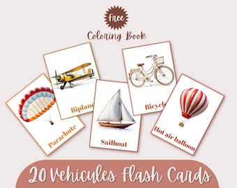 20 Printable Vehicles Illustration Flashcards + FREE Coloring Book | Educational Transport Cards – Montessori, Preschool – Instant Download