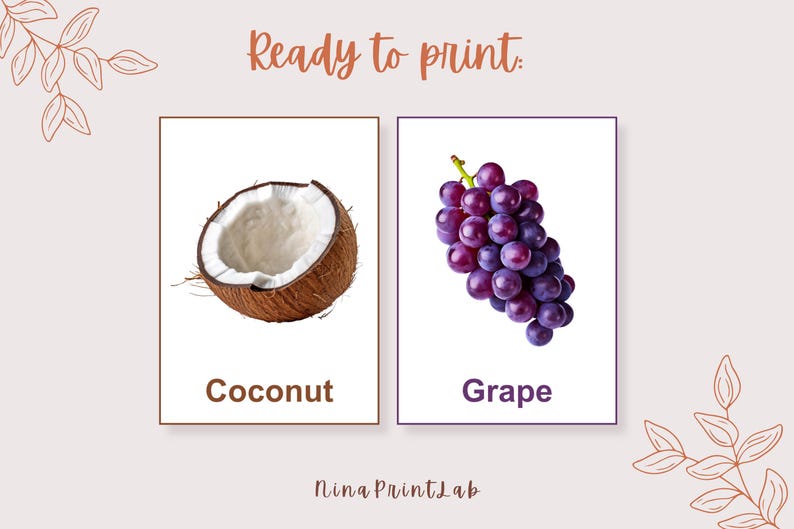 K&ouml;nnte beinhalten: Zwei rechteckige Drucke mit Bildern einer Kokosnuss und einer Traube. Die Kokosnuss ist braun und wei&szlig;, die Trauben sind lila. Das Wort "Coconut" steht unter dem Kokosnussbild, und "Grape" steht unter den Trauben. Der Text oben lautet "Ready to print."