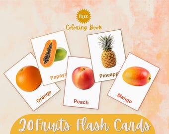 20 Printable Fruit Flashcards + FREE Coloring Book | Montessori Educational Cards for Kids – Preschool Learning Fruits – Instant Download