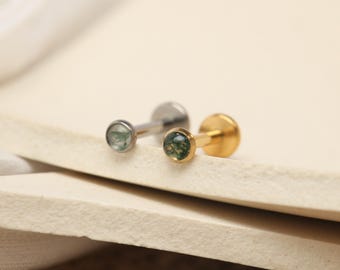 16g 18g 3mm Moss Agate Stud Earring Labret Stud Flat Back Earring Cartilage Stud Nose Piercing Helix