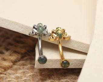 Piercing de ágata musgo de rana, barra curva, pendiente para cartílago, tragus, joyería vertical, hélice, joyería corporal de titanio de 8 mm