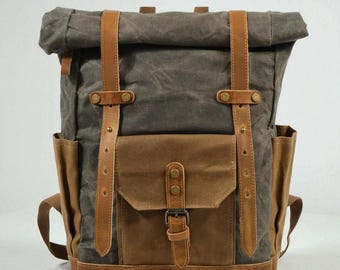 Mochila de lona encerada de cuero, mochila grande para portátil de 15,6", mochila vintage de senderismo, mochila impermeable para el trabajo escolar.