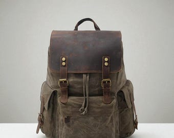 Zaino da viaggio vintage in tela e pelle Crazy Horse, borsa unisex per laptop, zaino in tela lavata, resistente per il trasporto quotidiano