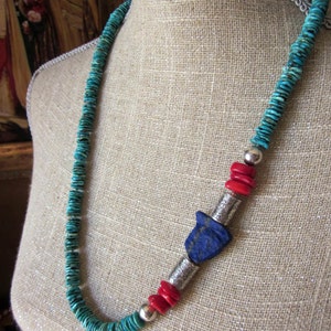 Turquoise Lapis Nugget Bamboo Coral Silver Necklace image 2