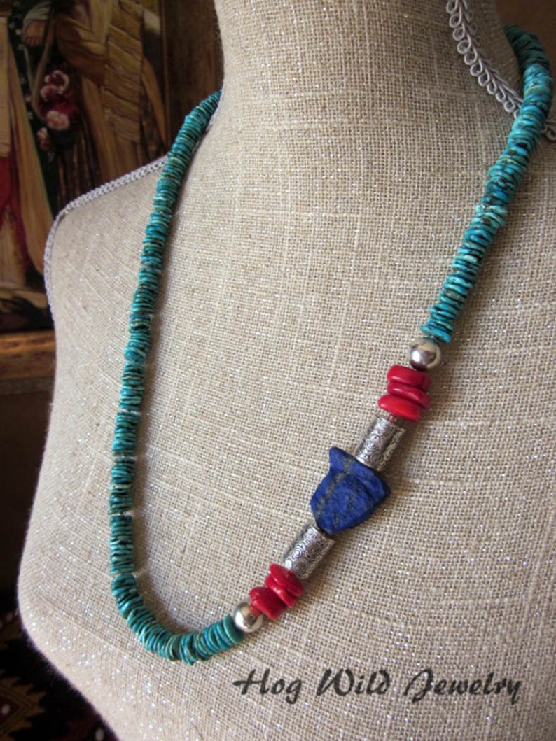 Turquoise Lapis Nugget Bamboo Coral Silver Necklace image 2