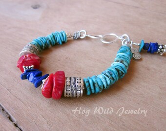 Turquoise Coral Lapis Silver Bracelet, Southwest, Cow Girl, Western, Ranch, Artisan Women's Bracelet, Handcrafted Bracelets