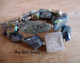 Womens Handcrafted Labradorite Double Strand Sterling Silver Bracelet