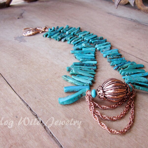 Southwest Turquoise Stick Copper Necklace, Women's Artisan Southwest Necklace, Turquoise, Women's Statement Necklace