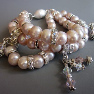 Pearl Rhinestone Multi Strand Bracelet, Bridal Jewelry, Pearl Bracelet, Pink Pearl Women&#39;s Bridal Bracelet